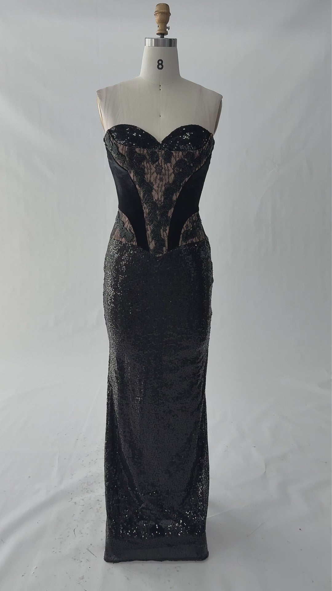 Load video: Black Strapless Corset Bodice Sequin Evening Gown ST047