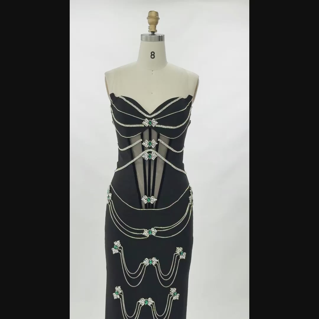 Carica video: Black Rhinestone Chain Corset Evening Gown ST077