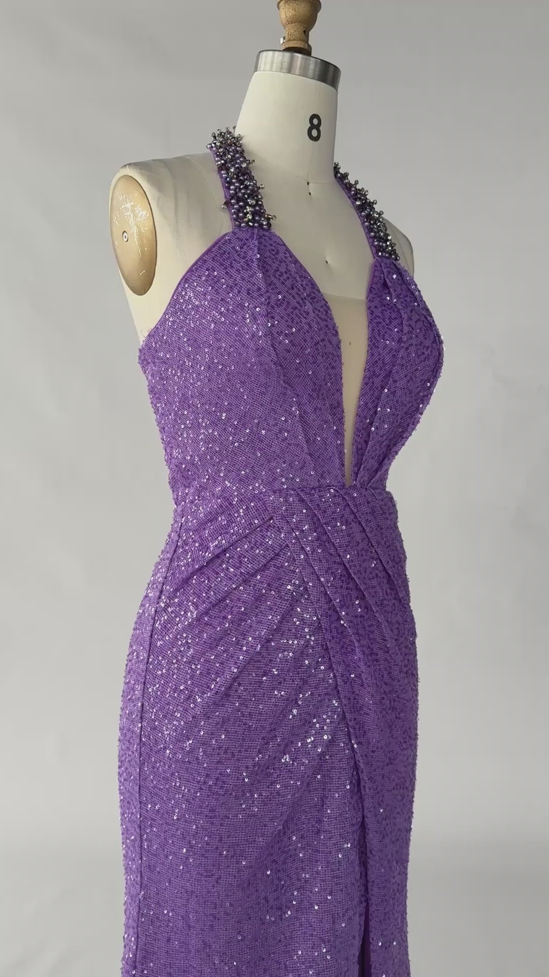 Load video: Purple Beaded Halter Neck Sequin High Slit Evening Gown ST056
