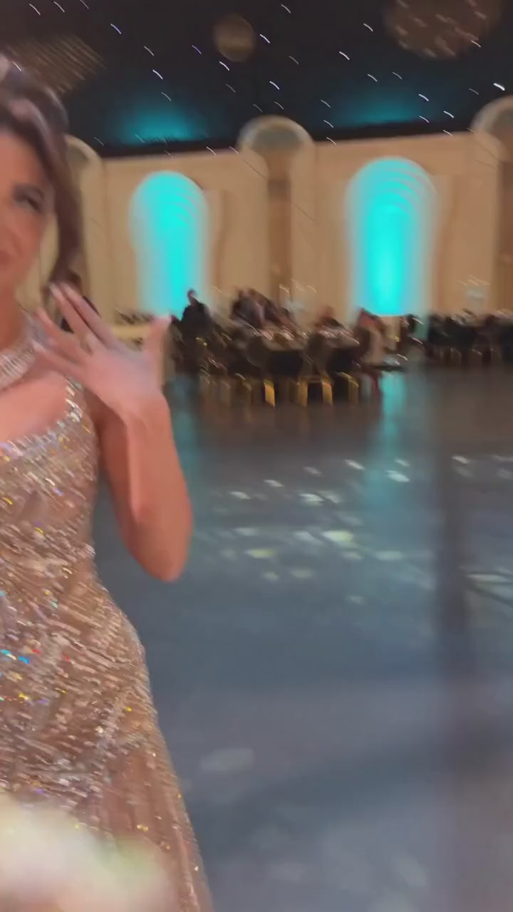 Load video: Champagne Luxury Beaded Tulle Floor Length Evening Dress SS552