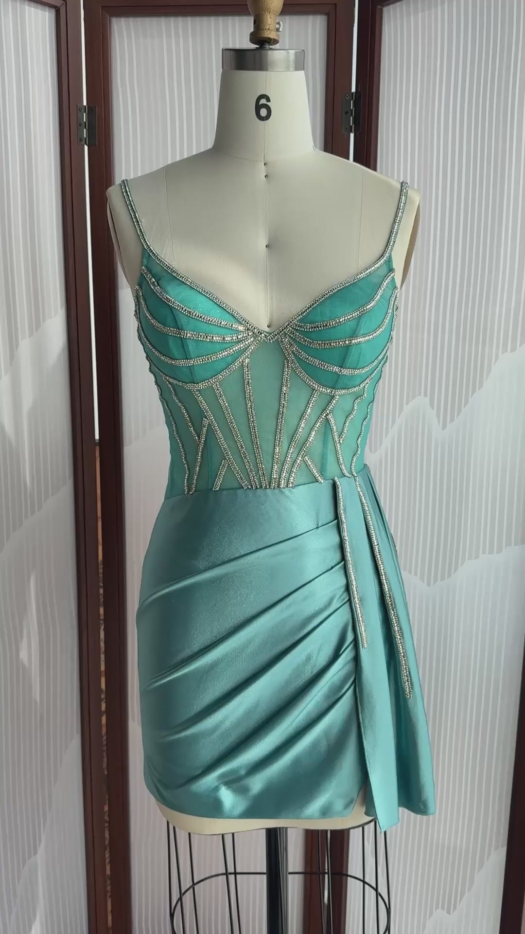 Load video: Turquoise Satin Spaghetti Strap Sheath Mini Homecoming Dress RM174