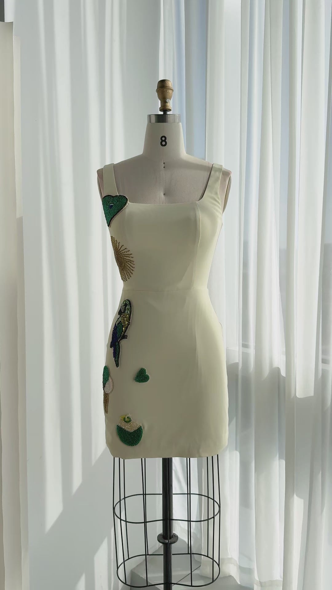 Load video: Beige Beaded Applique Square Neck Mini Dress