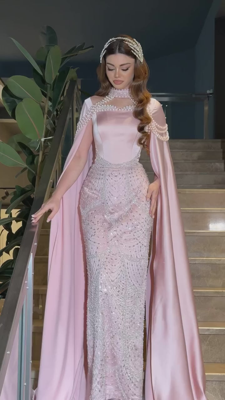 Carregar vídeo: Luxury Blush Pink Beaded Mermaid Long Evening Dress with Cape SS662