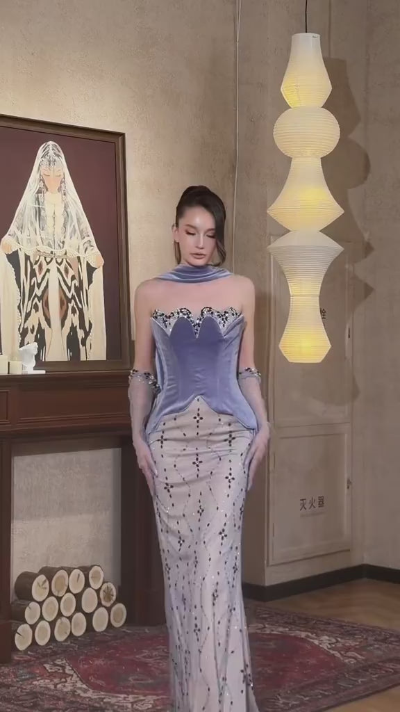Load video: Lavender Mermaid Mermaid Evening Dress with Scarf SS269