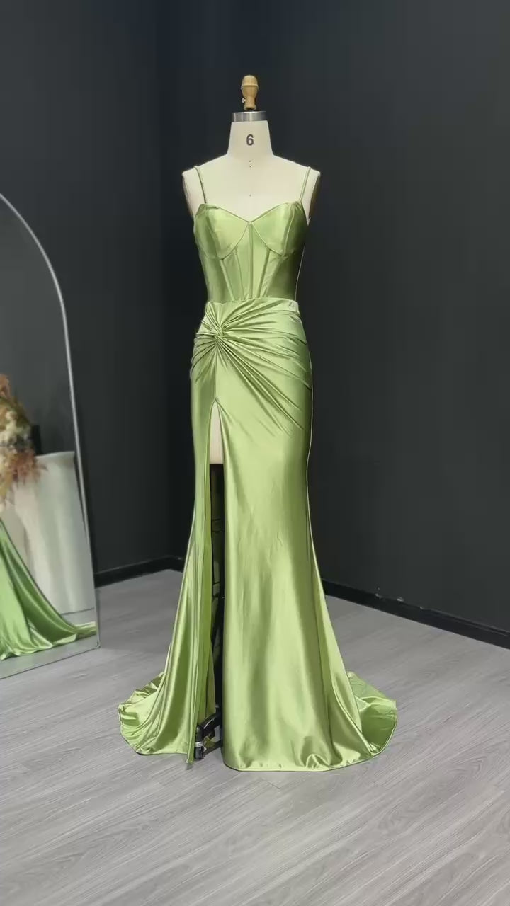 Load video: Elegant Sage Green Mermaid Prom Dresses with Slit Spaghetti Straps Special Occasion Evening Gowns