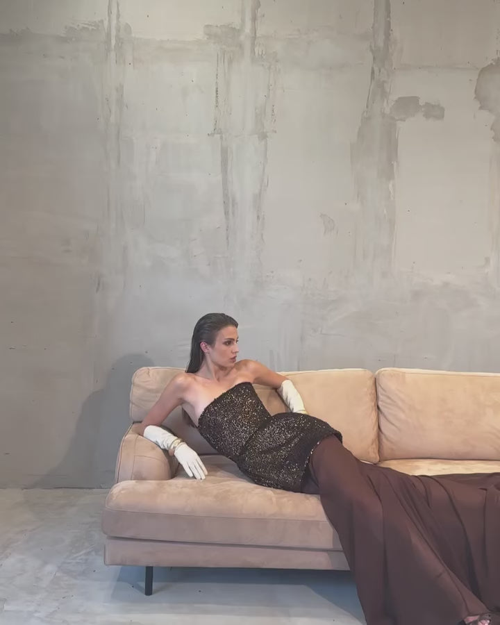 Video laden: Chocolate Brown Two-Piece Sequin Mermaid Evening Dress SF442