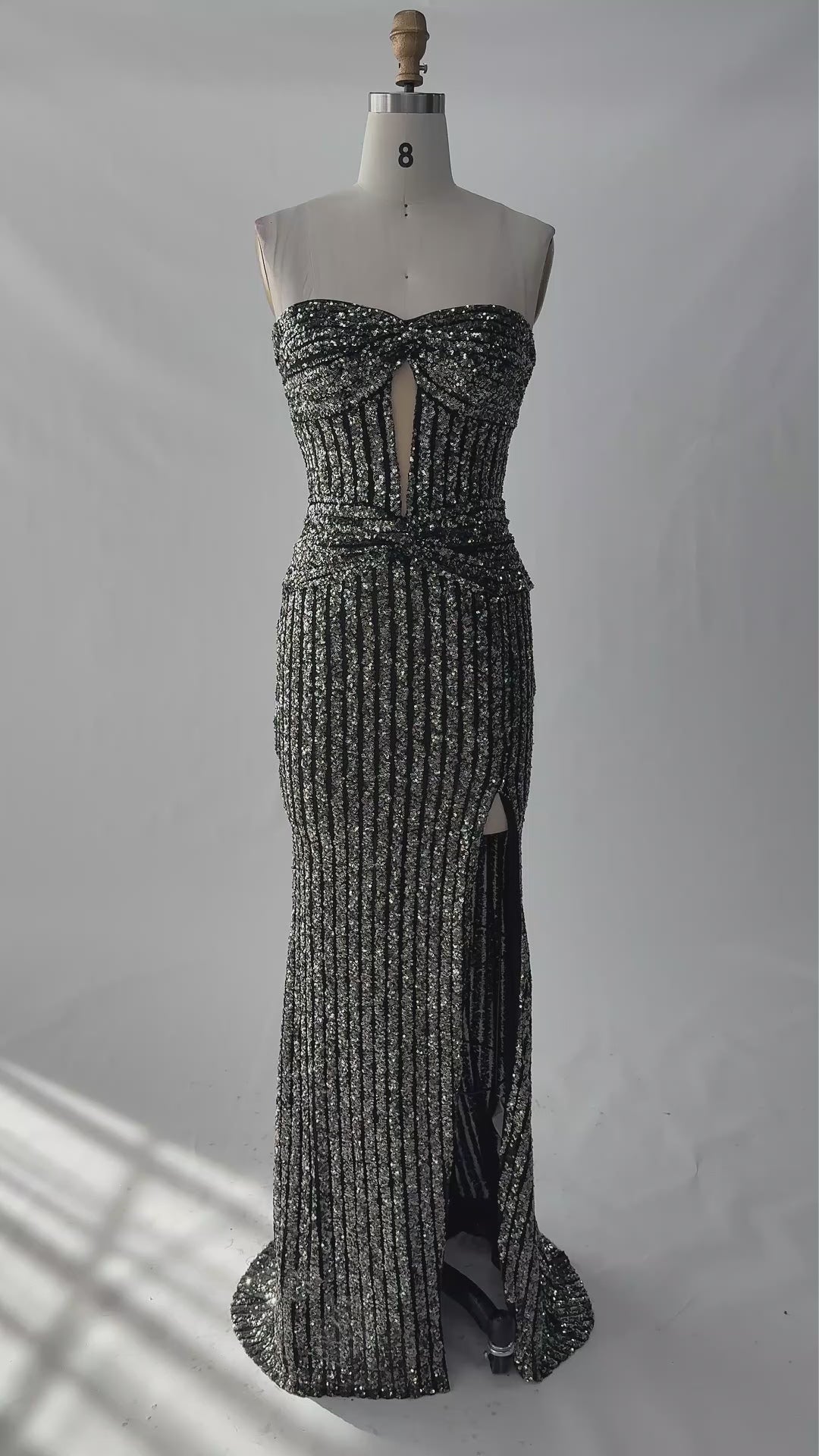 Load video: Black Sequin Strapless High Slit Maxi Dress ST049