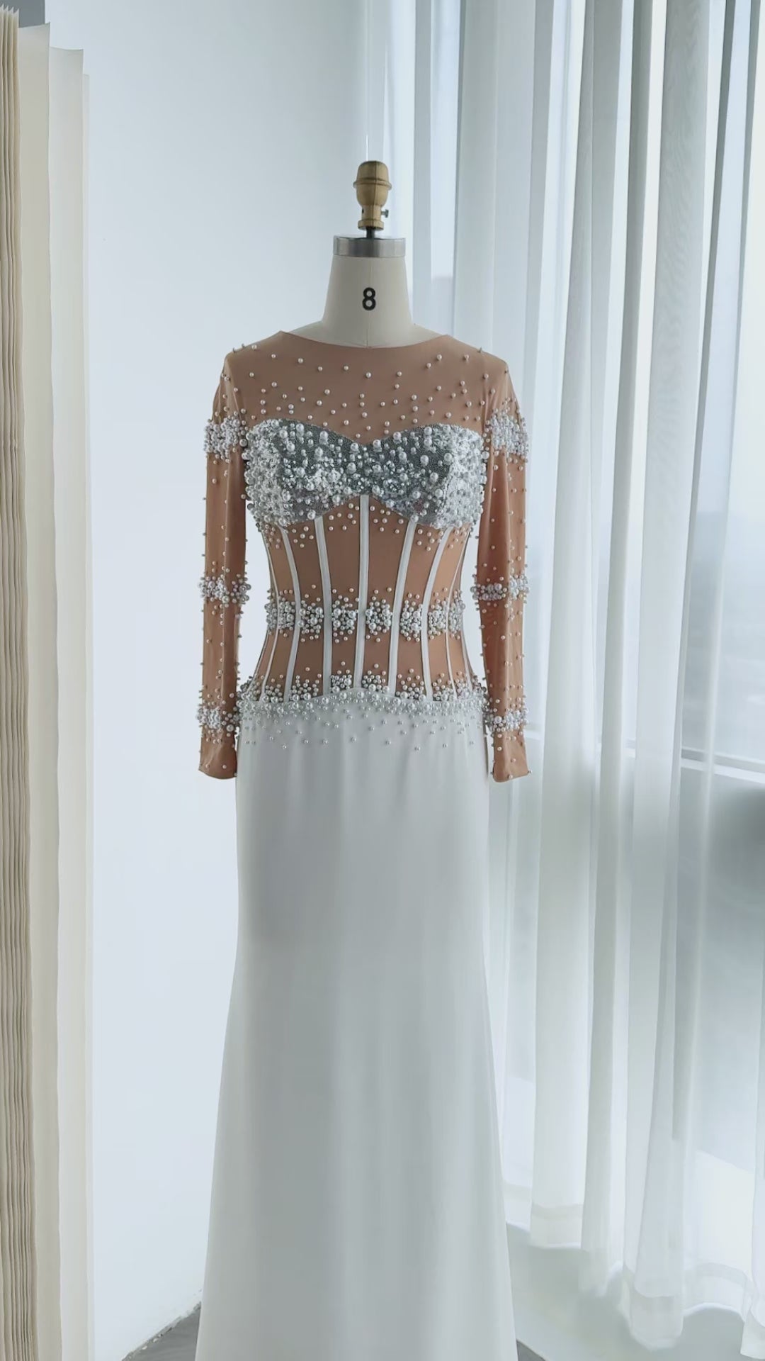 Load video: White Nude Pearl Beaded Corset Evening Dress