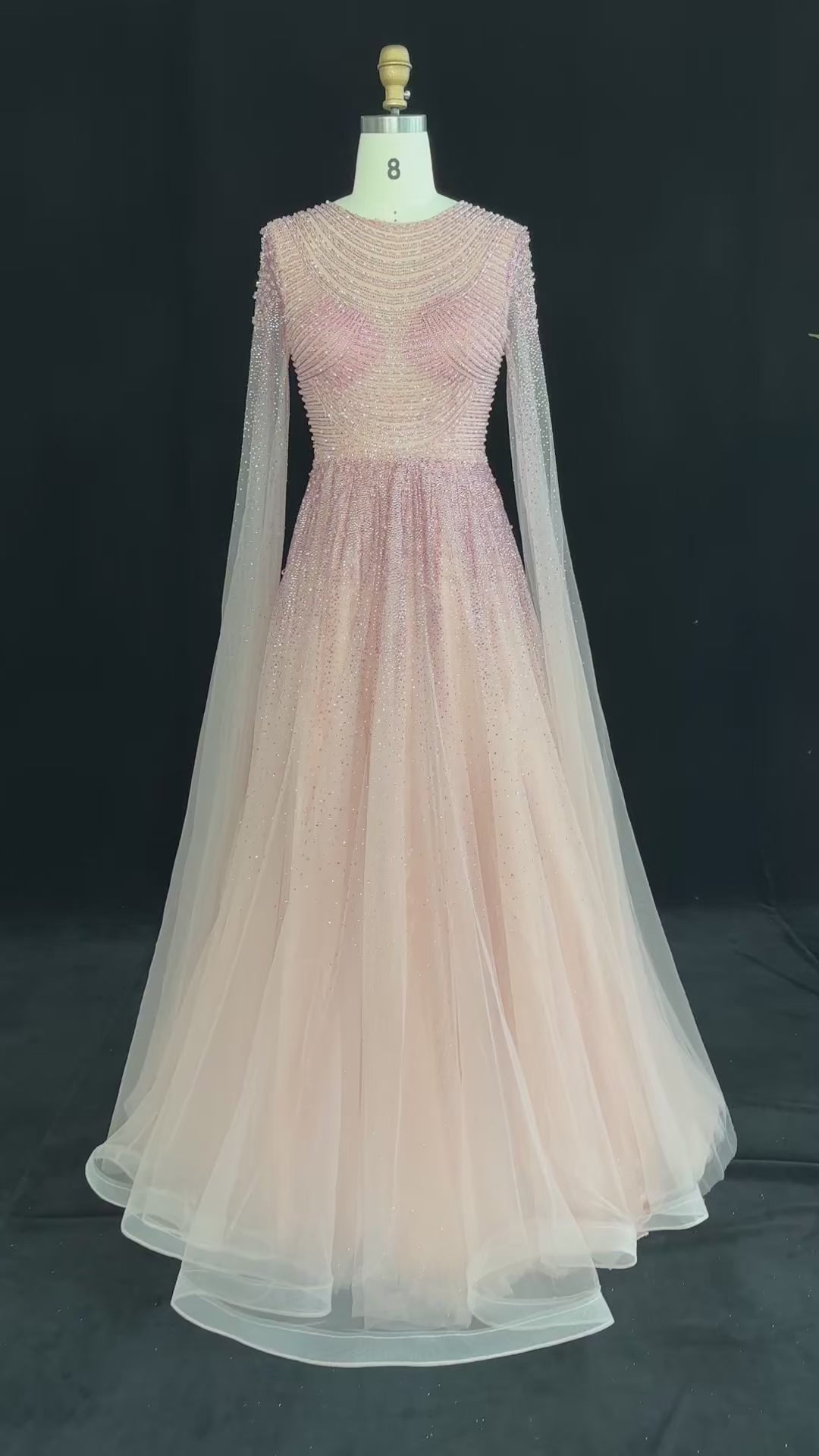 Load video: Sparkling Beaded A Line Evening Gown Long Cape Sleeves Glitzy Prom Dress SS059
