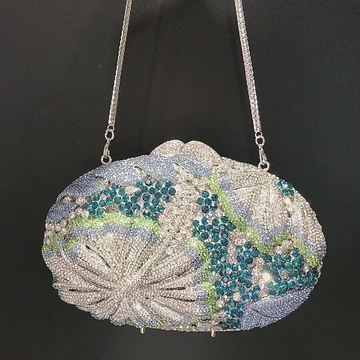 Carica video: Floral Hibiscus Rhinestone Evening Clutch Bag HB036