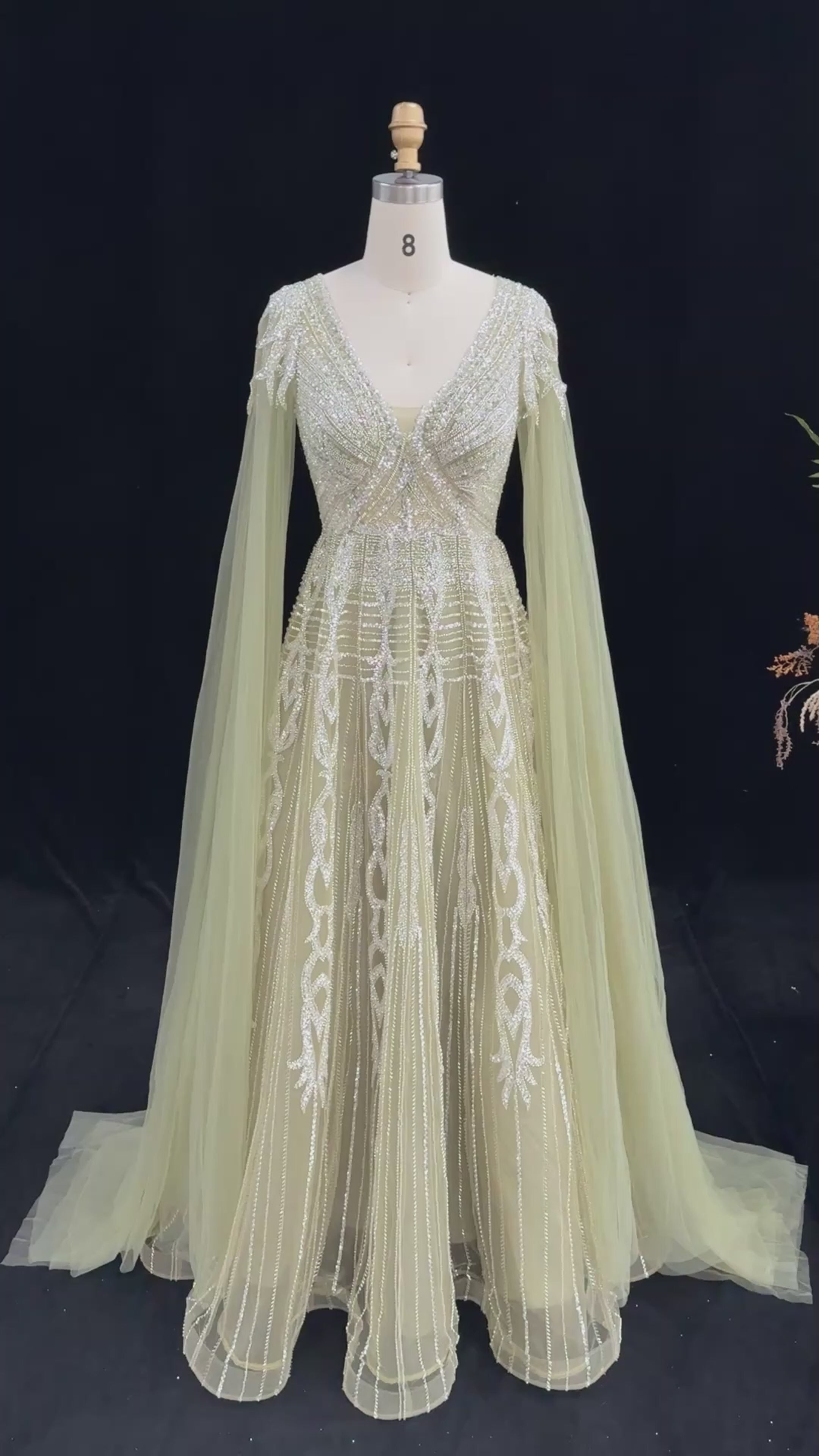 Carica video: Elegant V Neck Sequined Cape Sleeve A Line Evening Gown SS073
