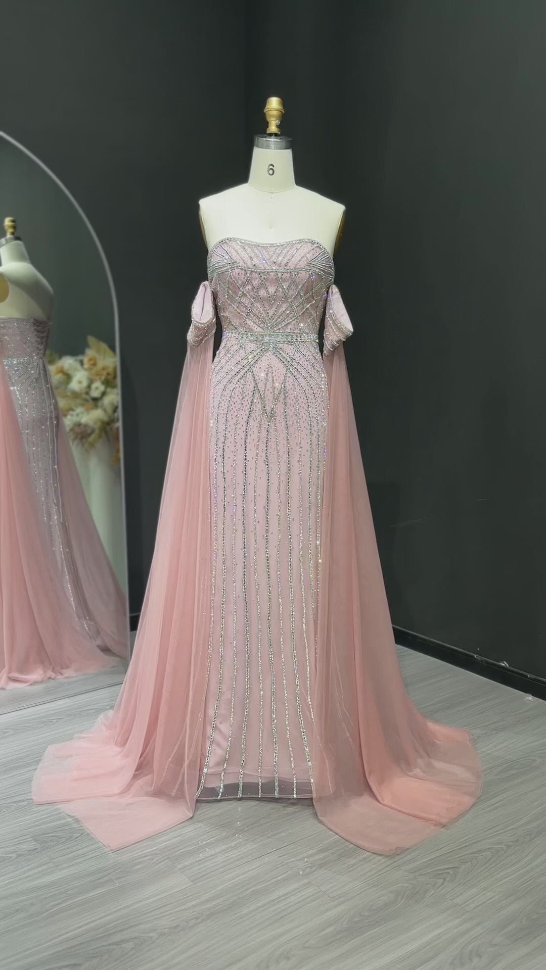 Load video: Elegant Strapless Beaded Mermaid Prom Dress with Detachable Tulle Cape Sleeves SH311