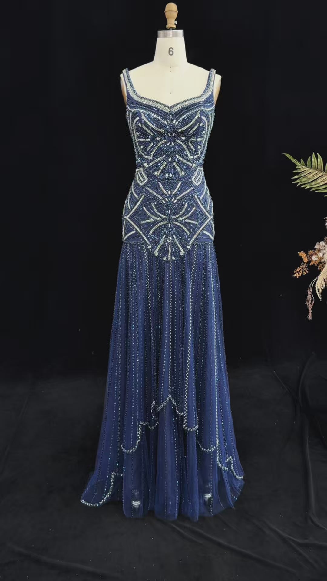 Load video: Champagne Luxury Beaded Tulle Floor Length Evening Dress SS552