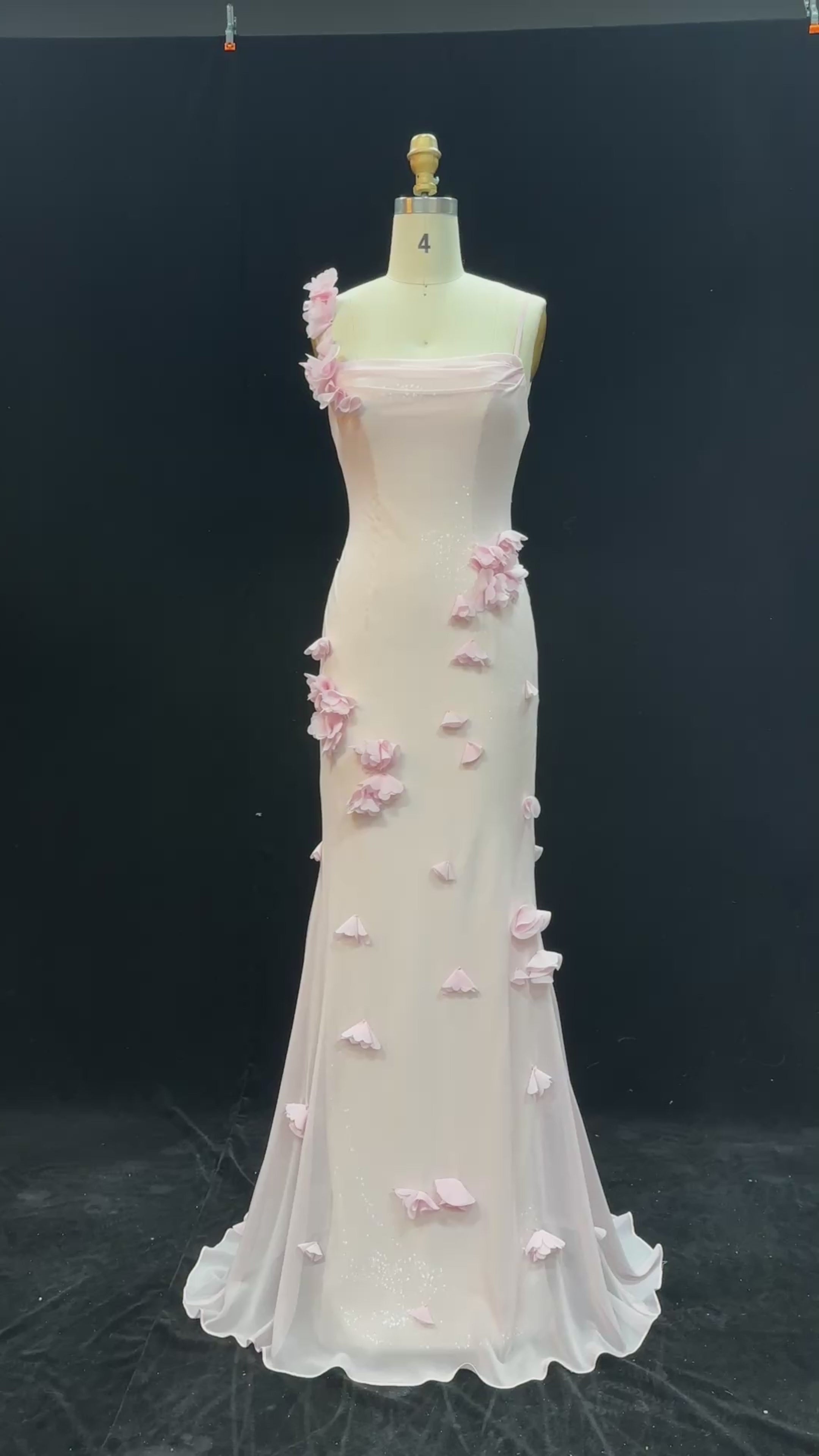 Load video: Light Yellow 3D Floral Chiffon Mermaid Evening Dress SF438