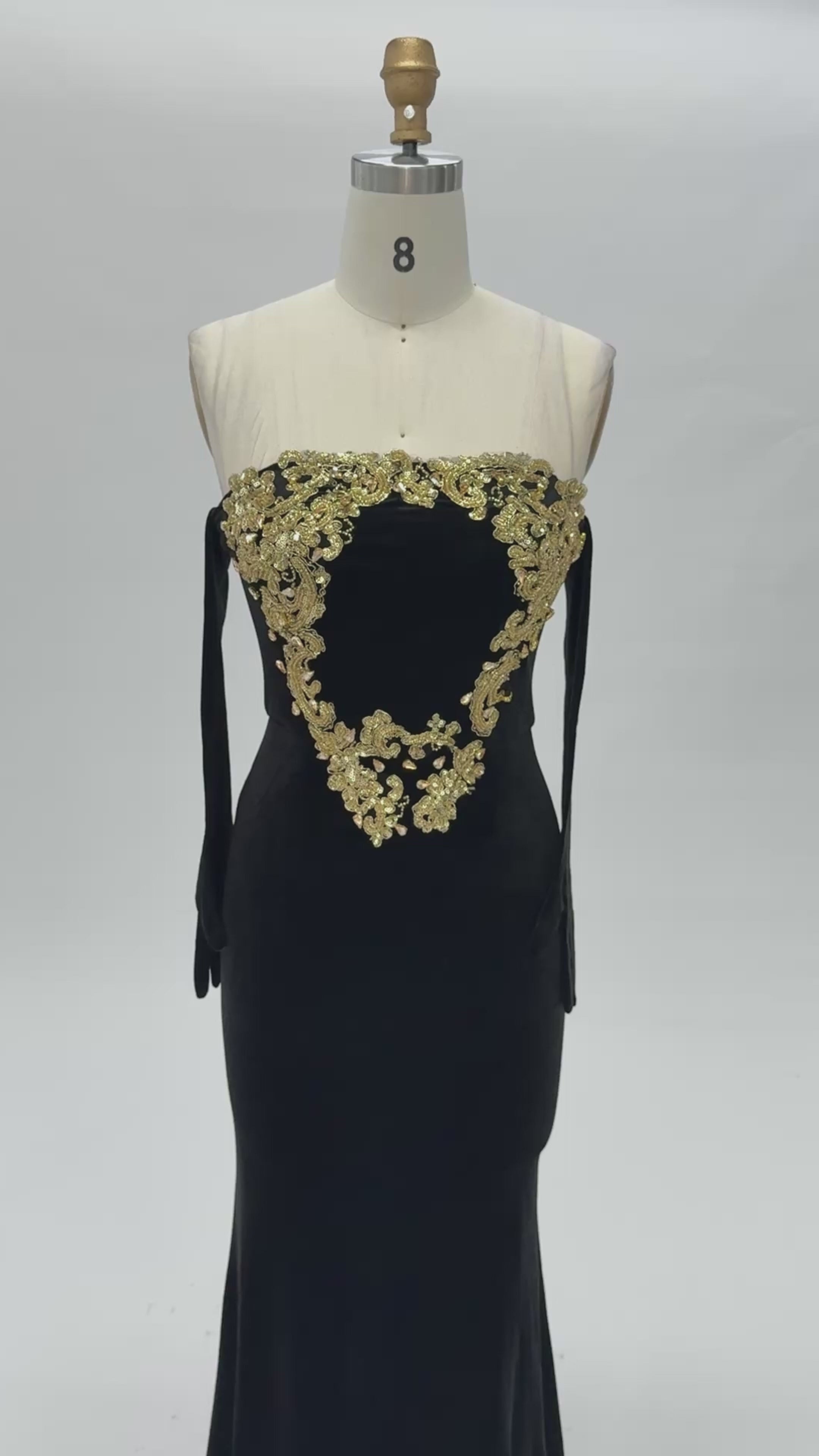 Load video: Black Velvet Strapless Evening Dress with Gold Baroque Embroidery ST030