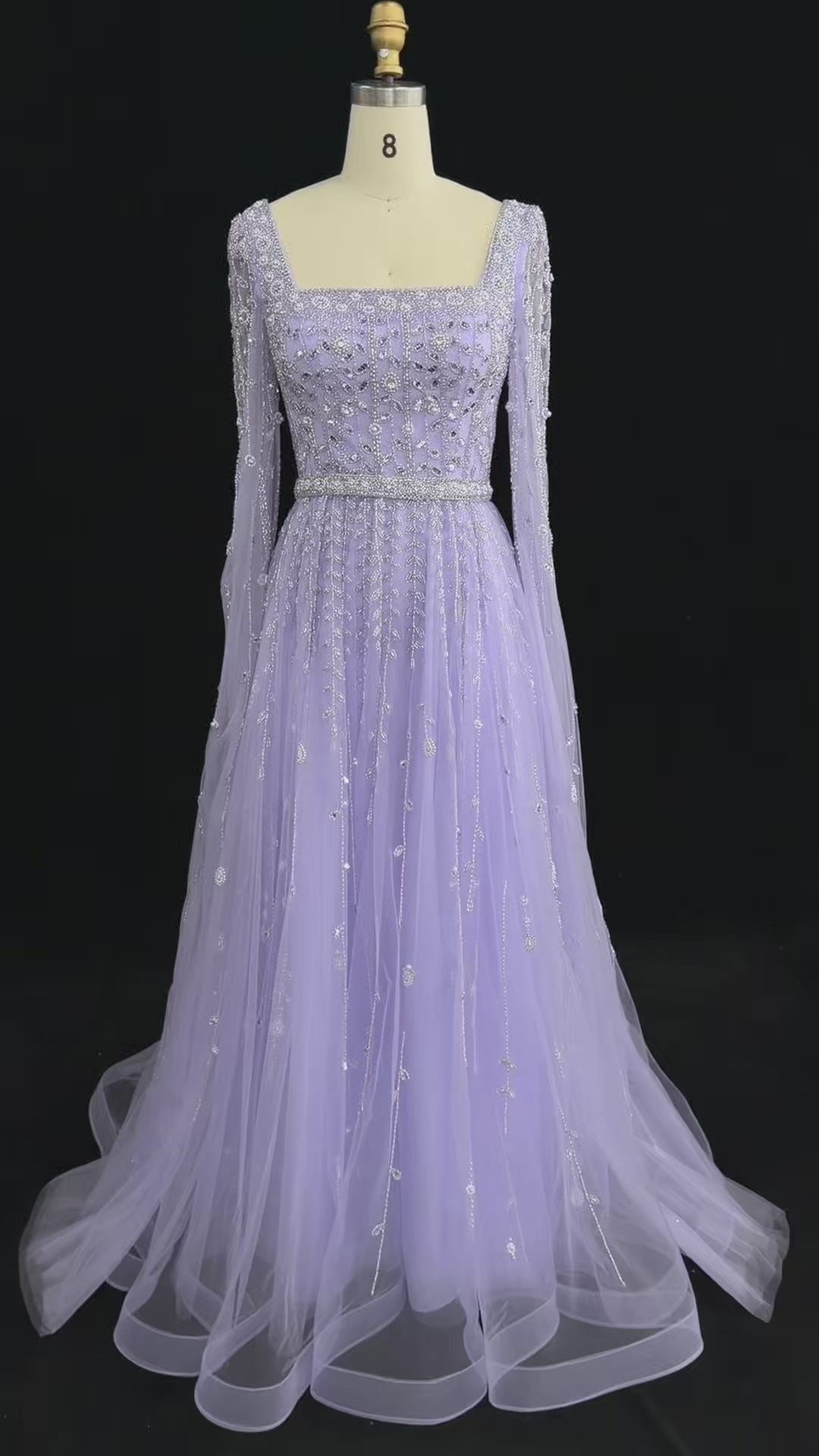 Load video: Luxury Caramel Beaded Cape Sleeve A-Line Evening Gown with Square Neck SS494