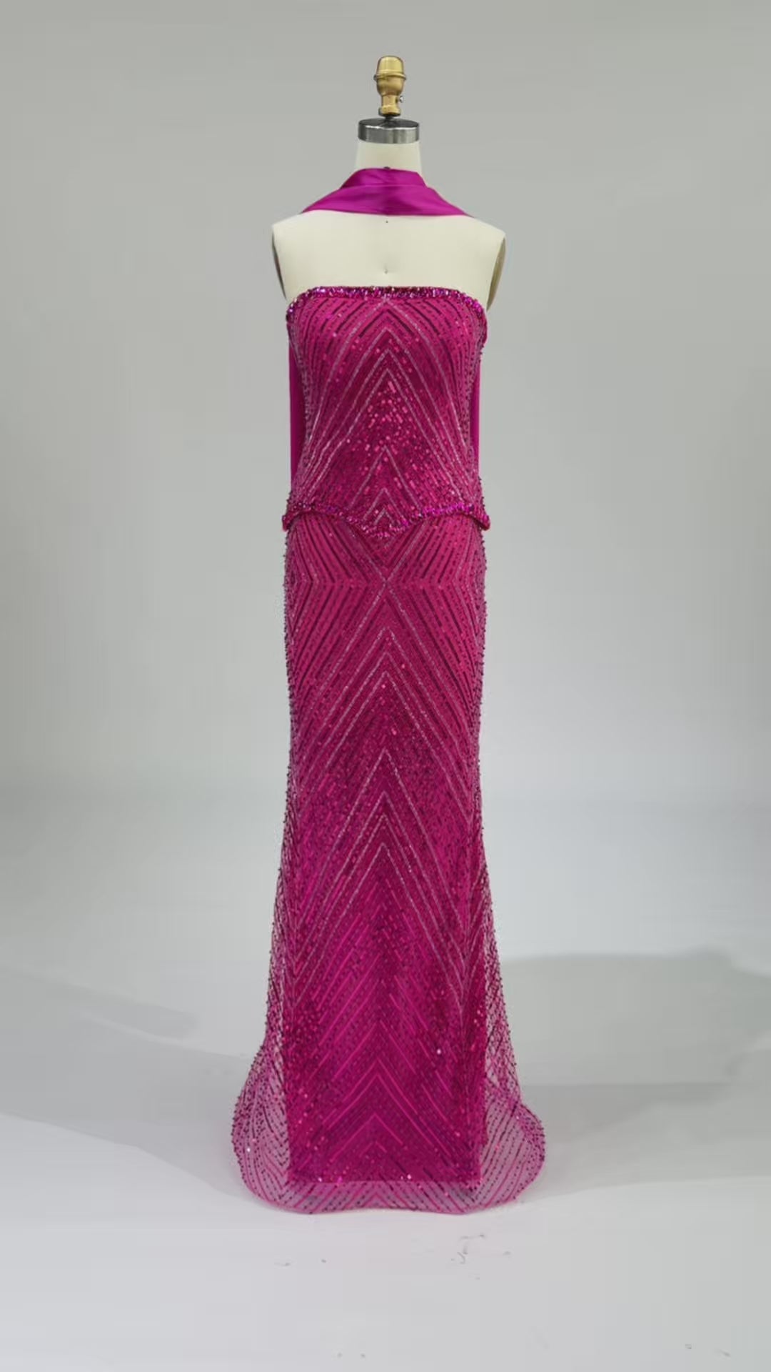 Load video: Fuchsia Strapless Full Bead Mermaid Evening Gown, Chevron Glitter Sequin Floor Length Dress With Neck Sash ST003