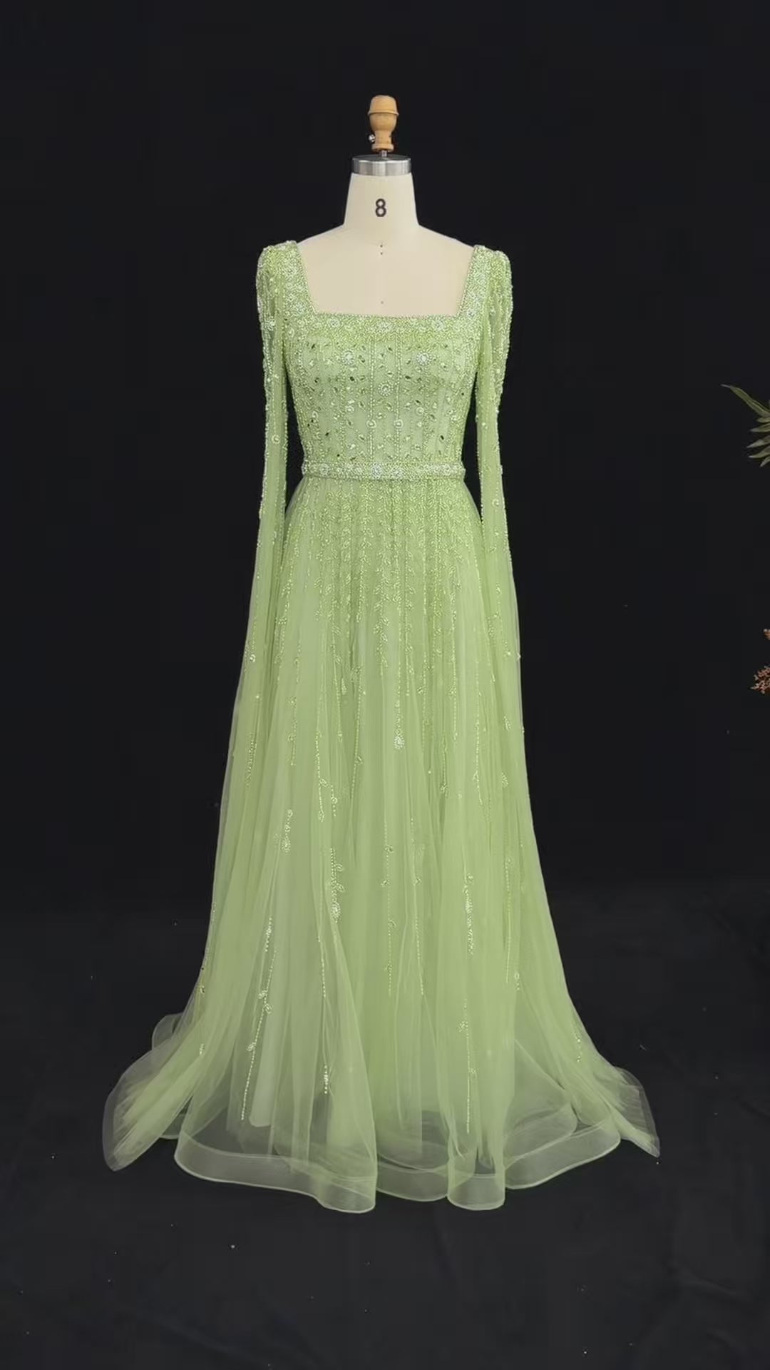 Load video: Luxury Caramel Beaded Cape Sleeve A-Line Evening Gown with Square Neck SS494