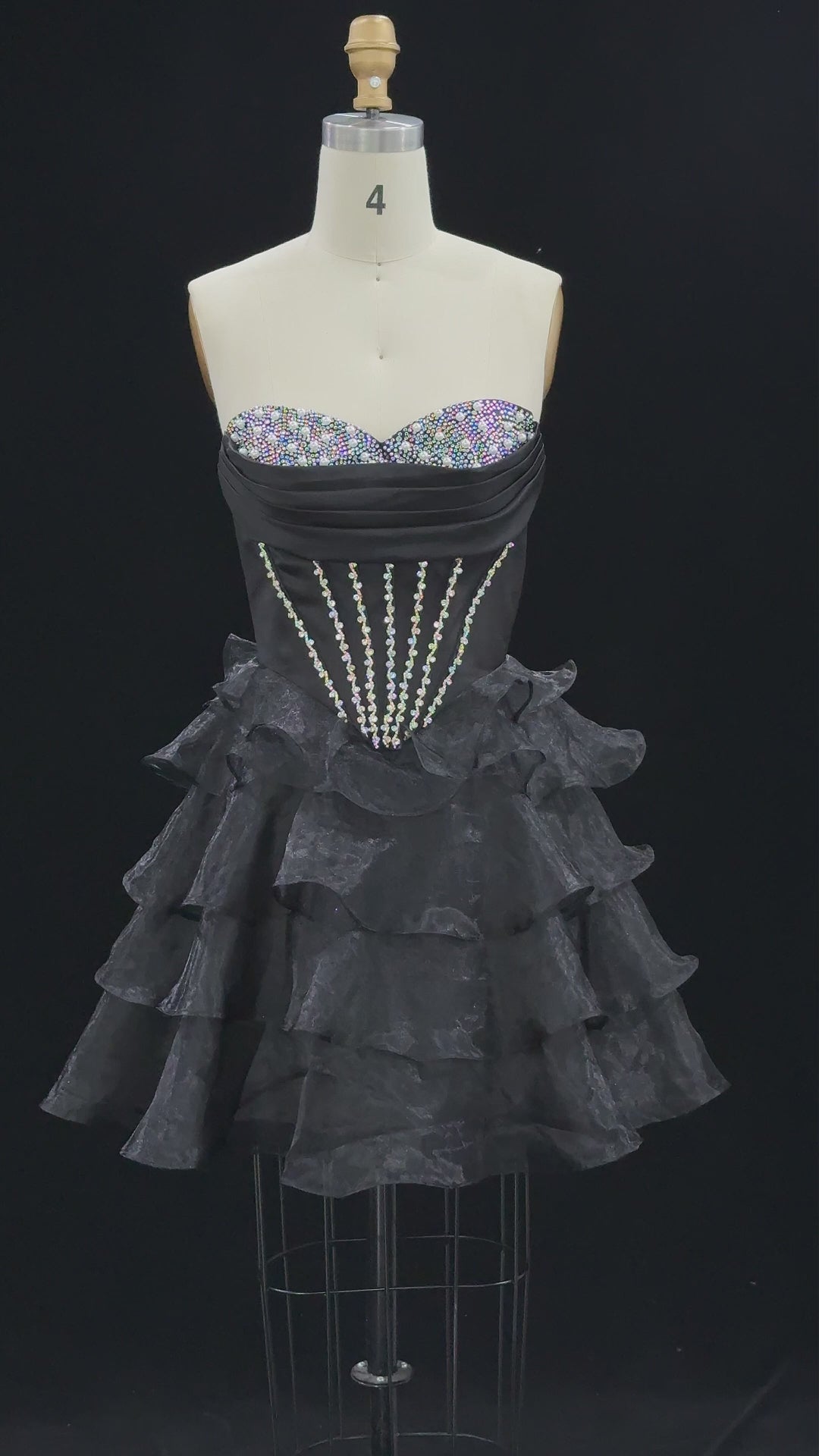 Load video: Exquisite Black Strapless Tiered Homecoming Dress