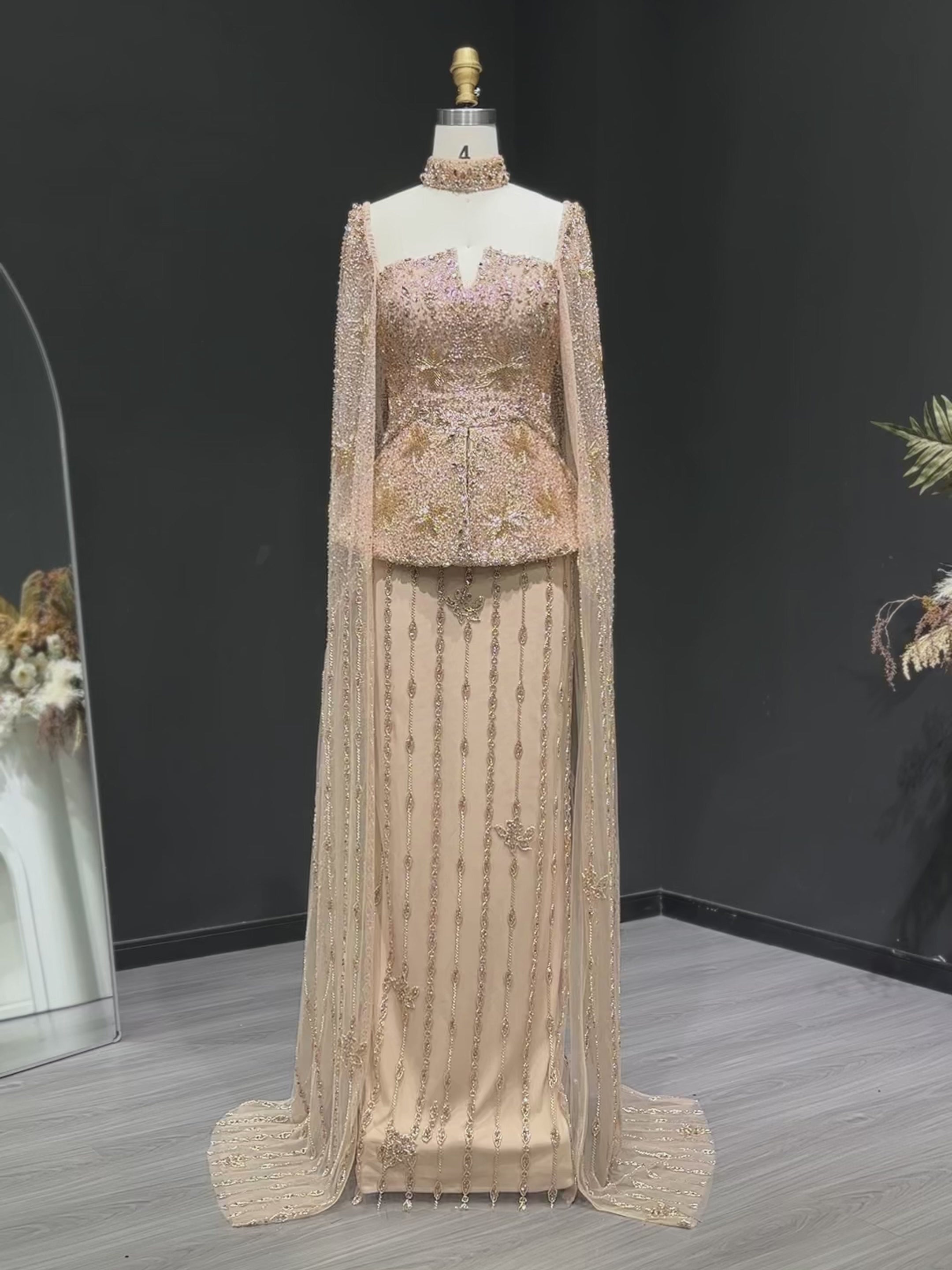 Load video: Luxury Silver Crystal Beaded Cape Mermaid Evening Dress Gown with Peplum SS531