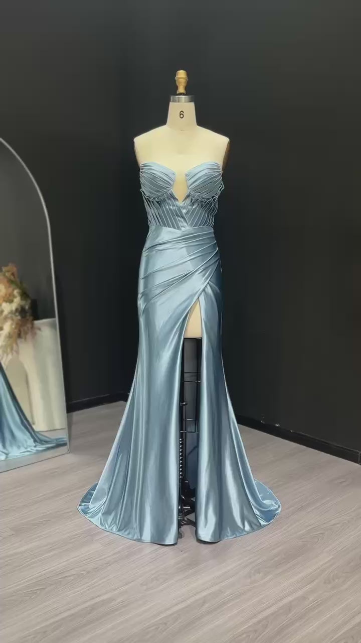 Load video: Stunning Blue Satin Evening Gown with Side Slit Long Mermaid Prom Dresses