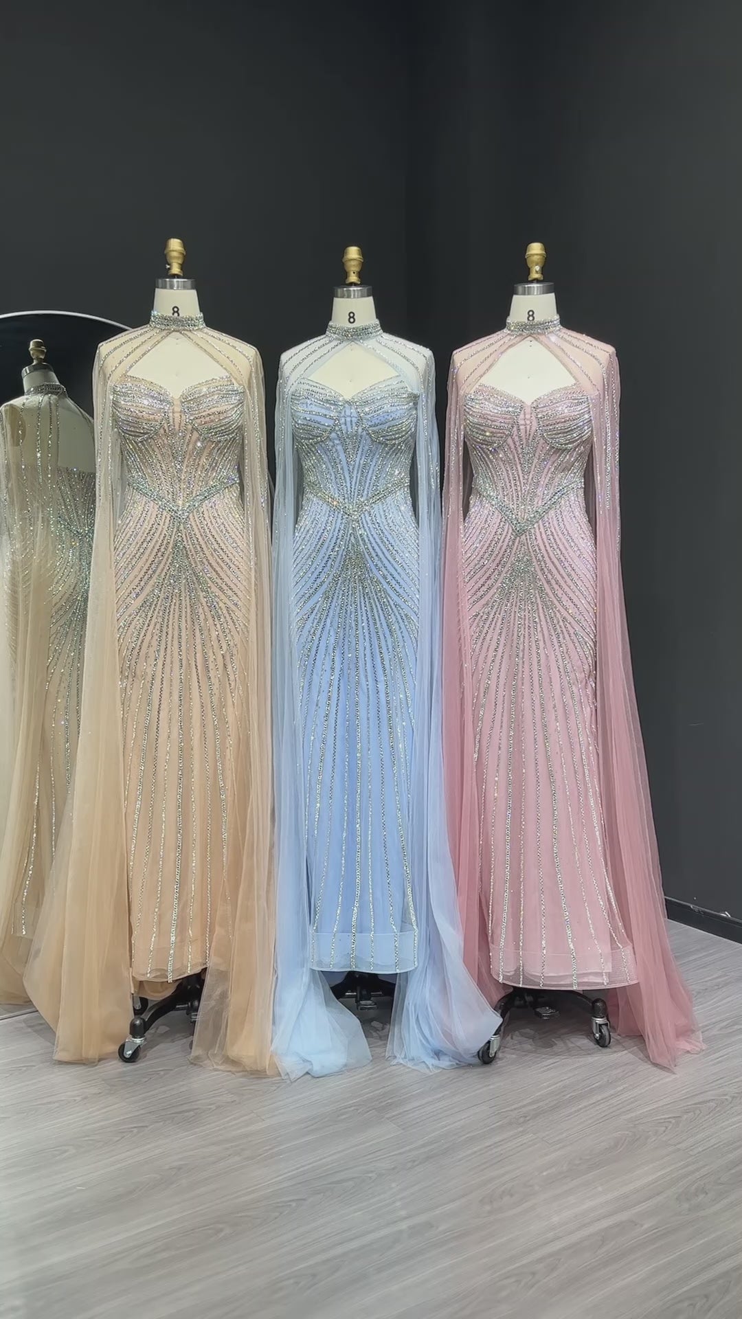 Load video: Glamorous Champagne Beaded Prom Dress with Cape Effect and Keyhole Neck SH309