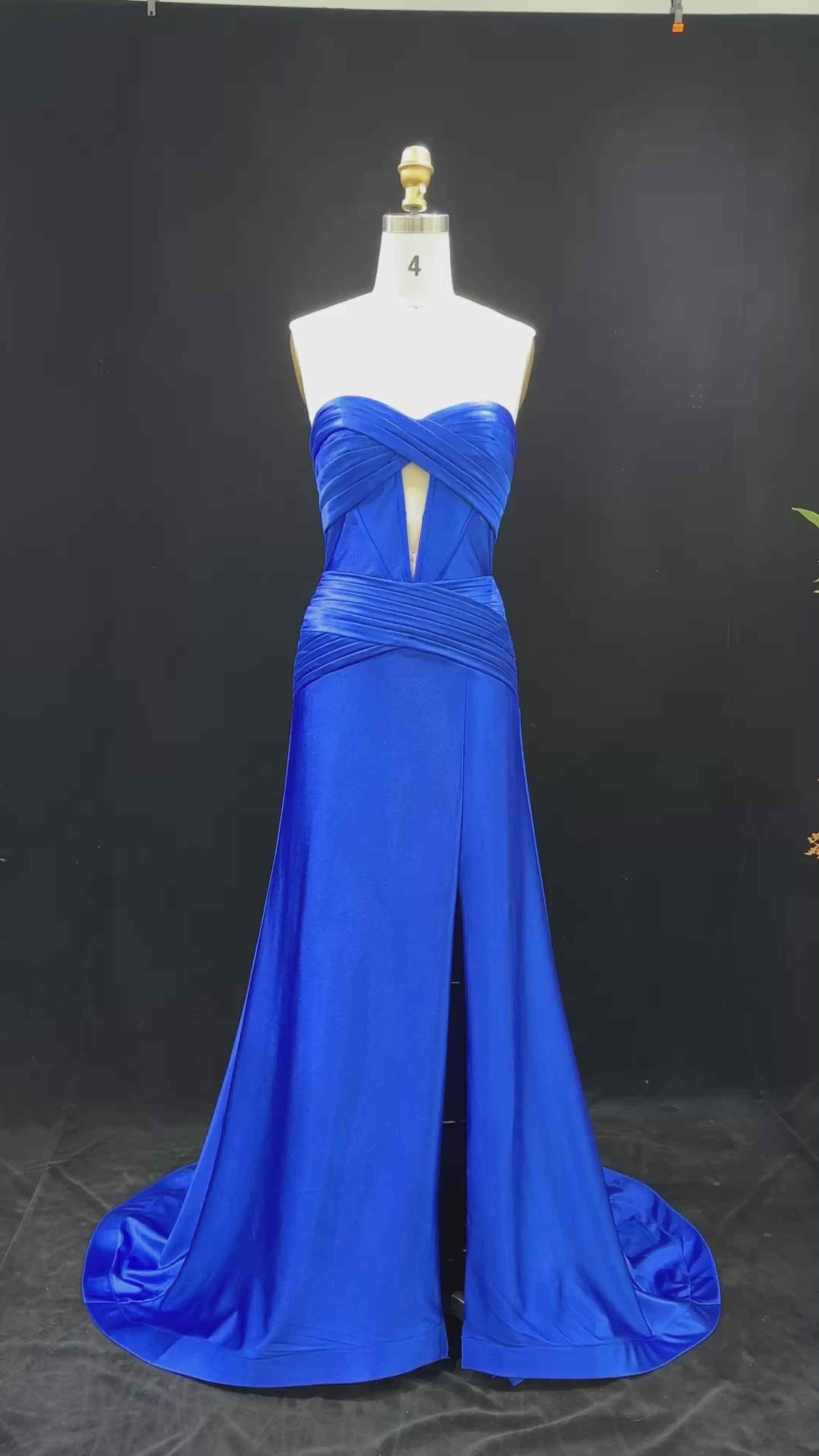 Load video: Elegant Royal Blue Strapless Satin Prom Dress with Slit SH189