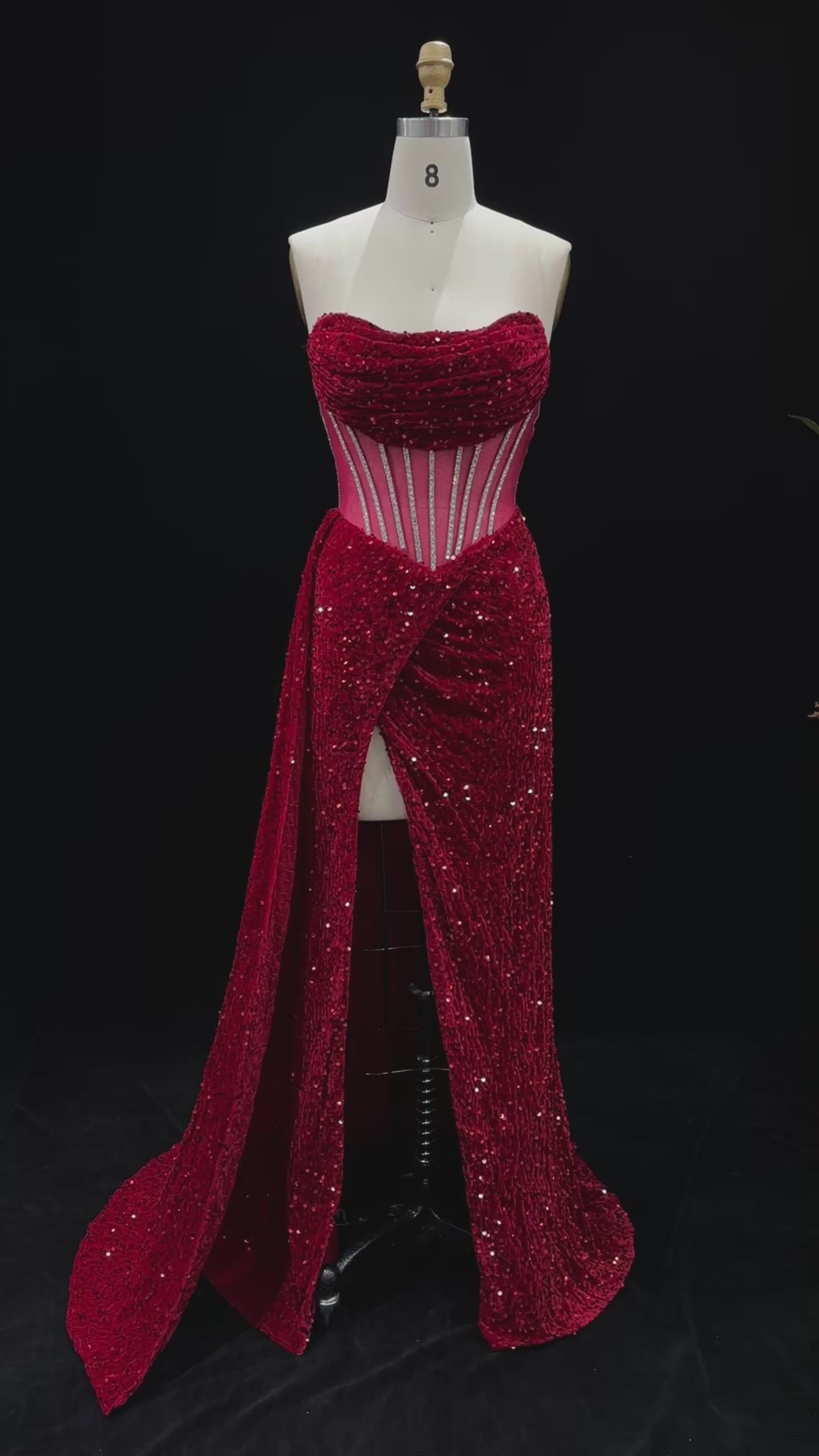 Load video: Luxury Red Sheer Corset Prom Dress with High Slit SH190