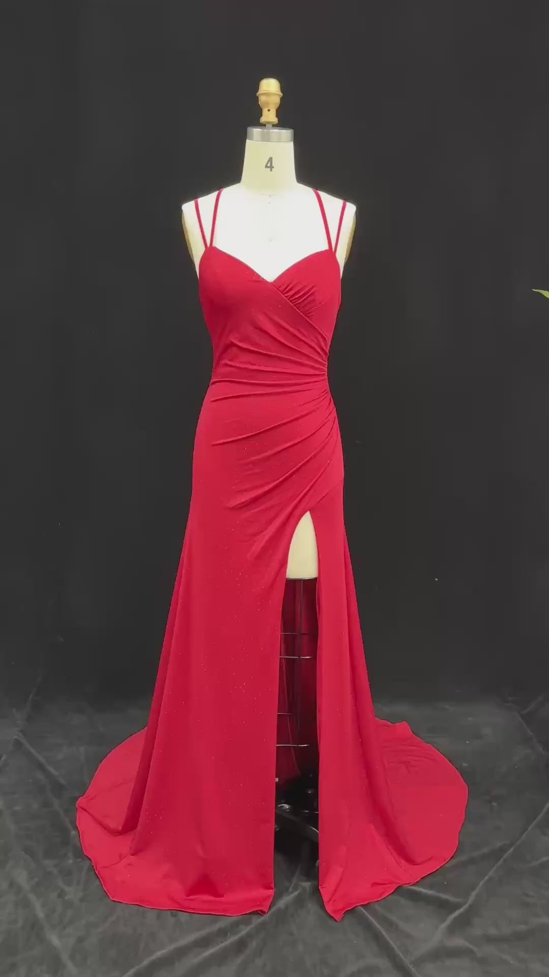 Load video: Glamorous Red Fitted Prom Dress with Ruched Bodice SH193