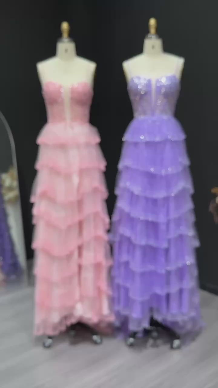 Load video: Elegant Pink Ruffled Tulle Prom Dress 2025 Spaghetti Straps Evening Birthday Party Gowns