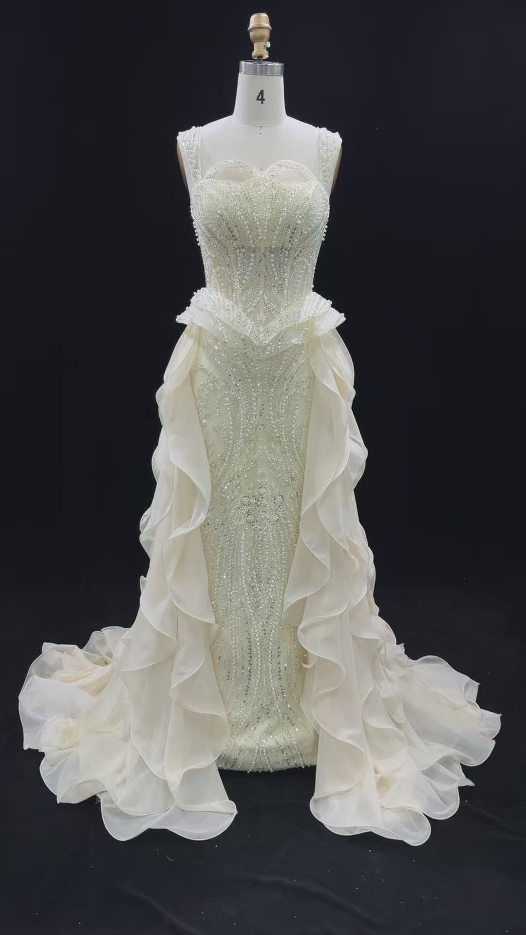 Charger la vidéo : Sparkling Sequin Beaded Evening Dress with Cascading Layered Tiered Ruffle Train SS236