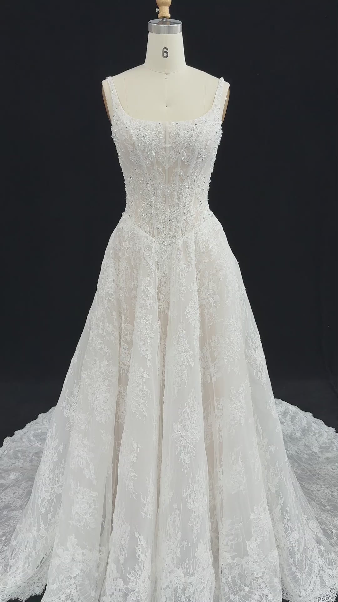 Load video: White Lace A Line Wedding Dress Square Neckline with Beaded Corset and Chapel Train SW612