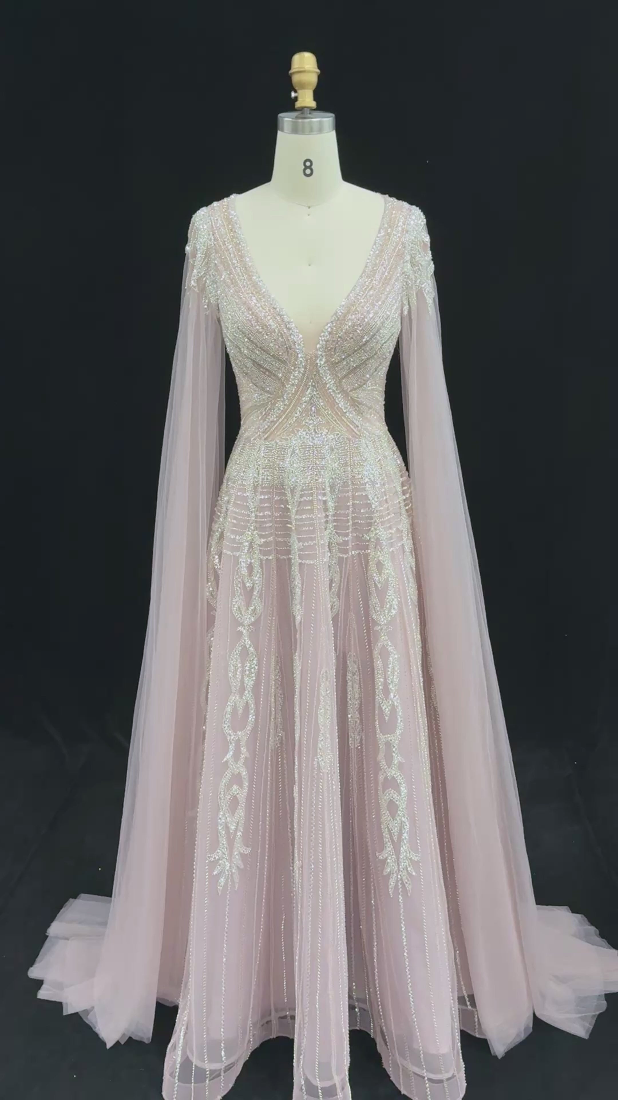 Carica video: Elegant V Neck Sequined Cape Sleeve A Line Evening Gown SS073