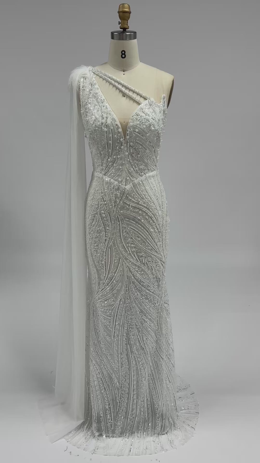 Load video: White One Shoulder Mermaid Evening Gown Full Sequin Sparkle Party Dress with Cape ST010