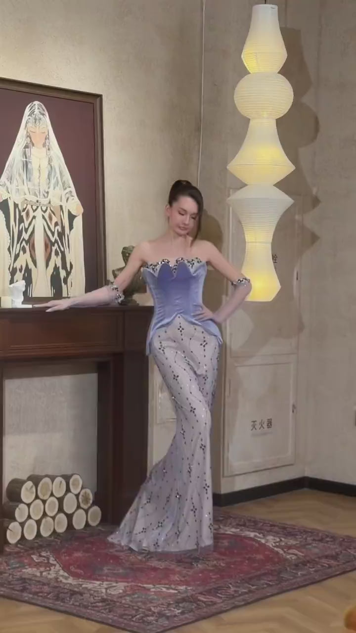 Load video: Lavender Mermaid Mermaid Evening Dress with Scarf SS269