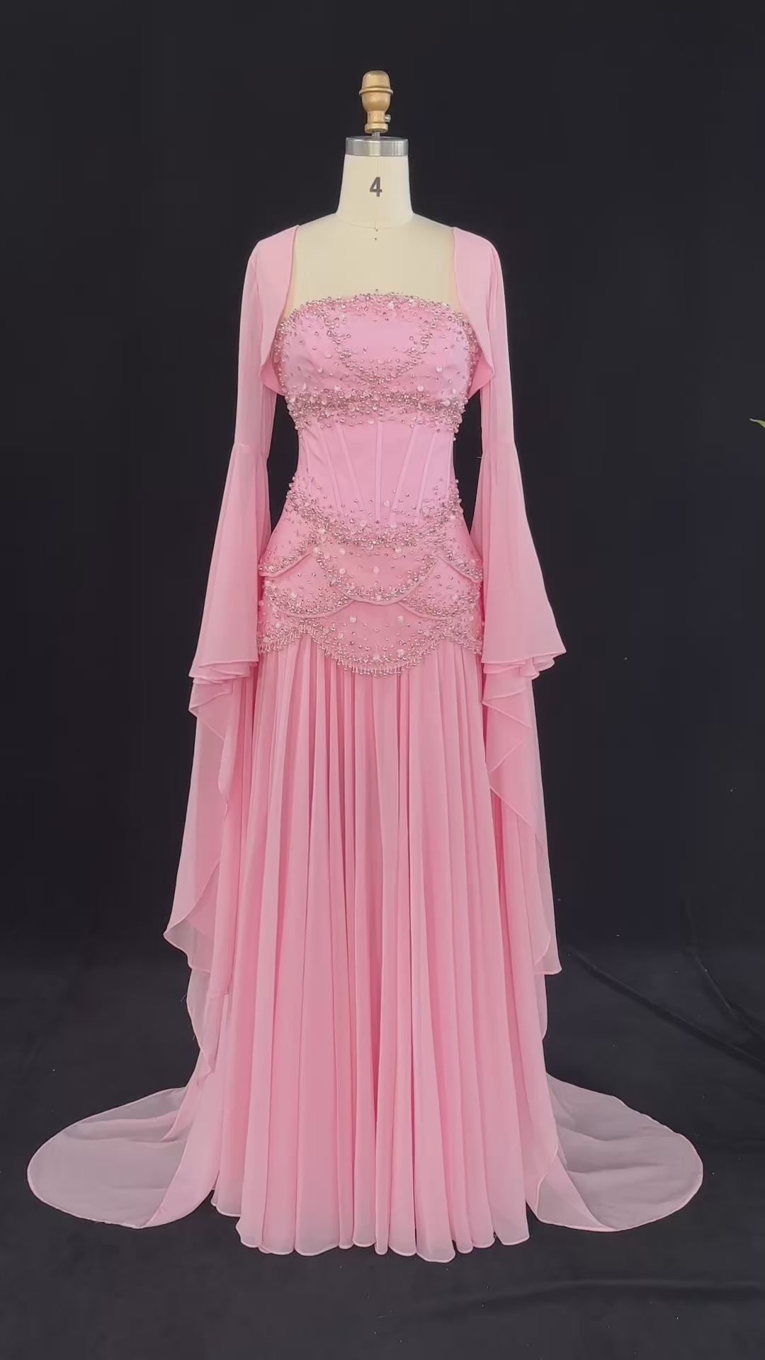 Load video: Luxury Blue Beaded Formal Evening Gown with Bell Sleeves SS286