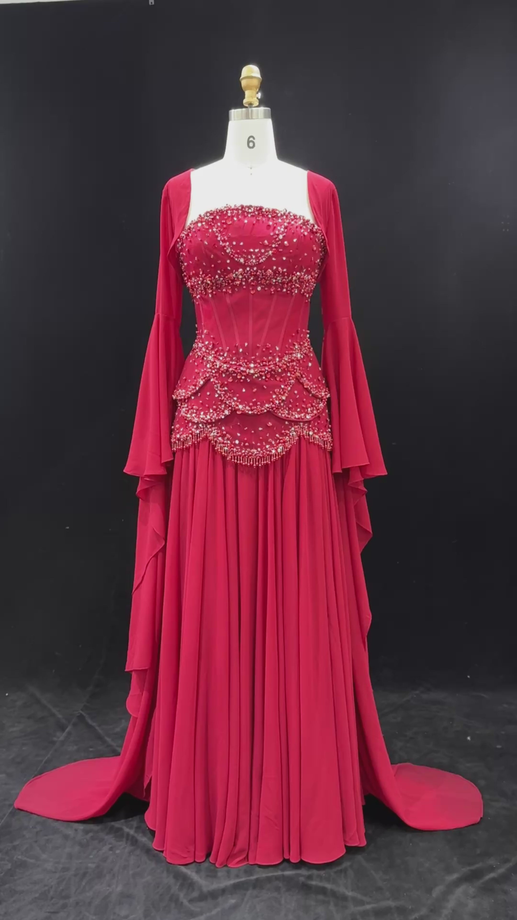 Load video: Luxury Blue Beaded Formal Evening Gown with Bell Sleeves SS286