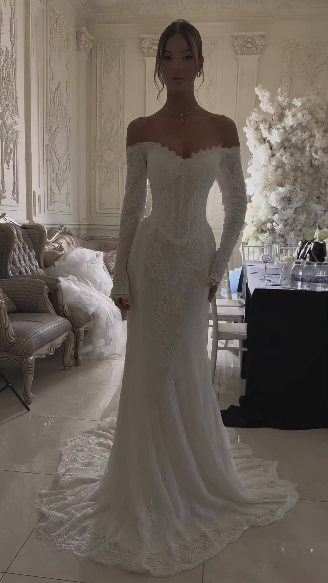 Load video: White Sweetheart Neck Sheer Long Sleeve Embroidered Lace Wedding Dress SW135
