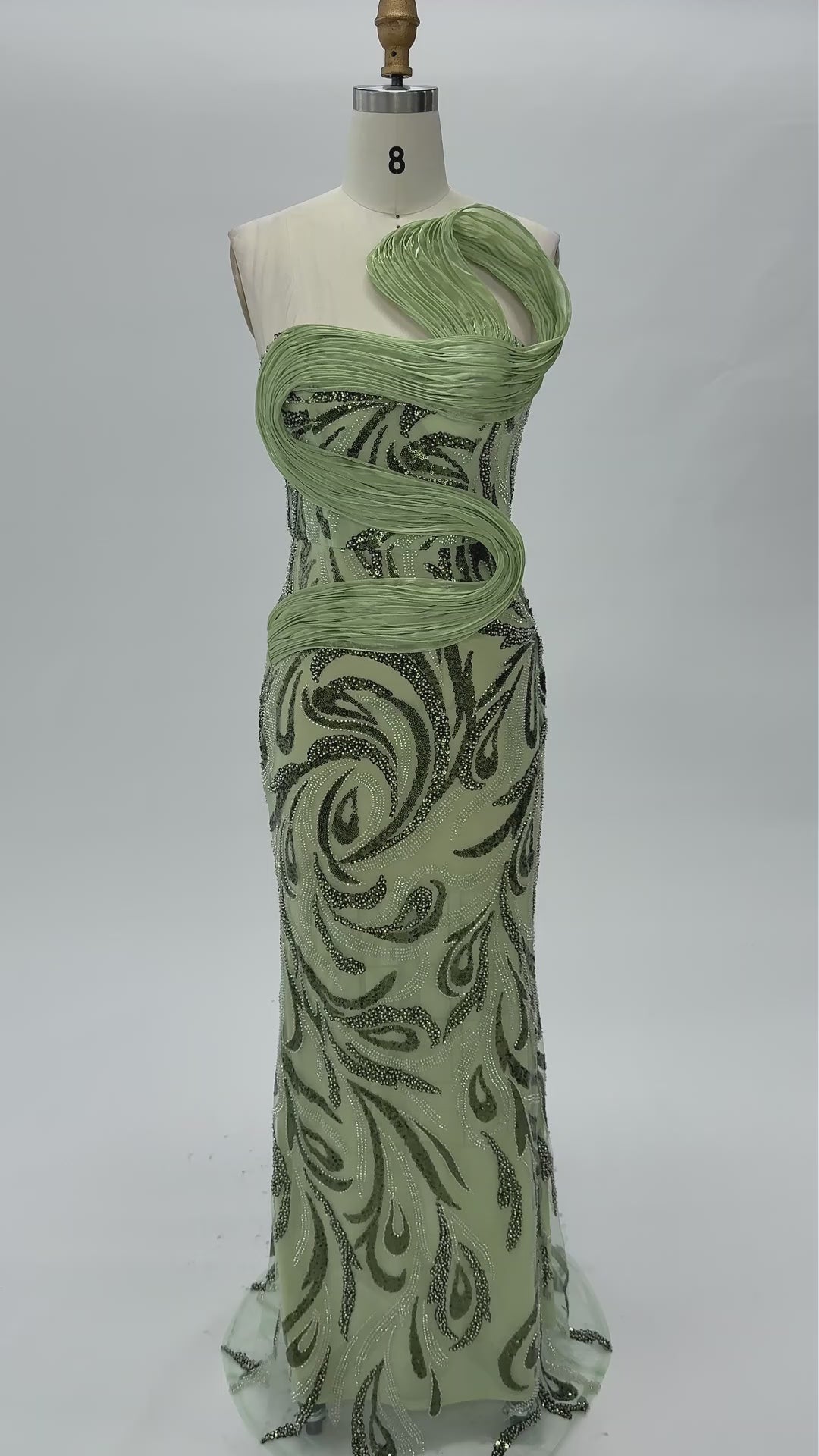 Load video: Sage Green Sculpted Bodice Embellished Sheath Evening Gown ST018
