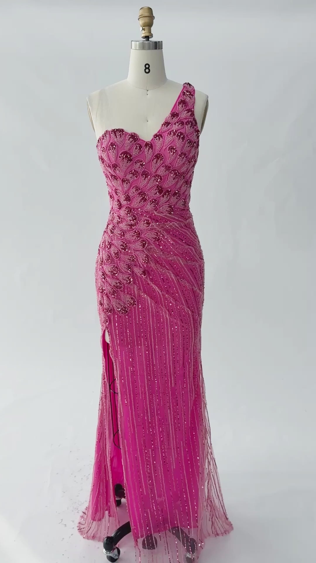 Load video: Hot Pink Beaded Striped Evening Dress One Shoulder Thigh Slit Prom Gown ST022