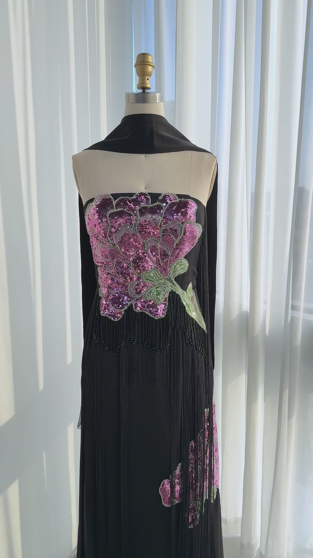 Load video: Black Sequin Floral Evening Gown ST120