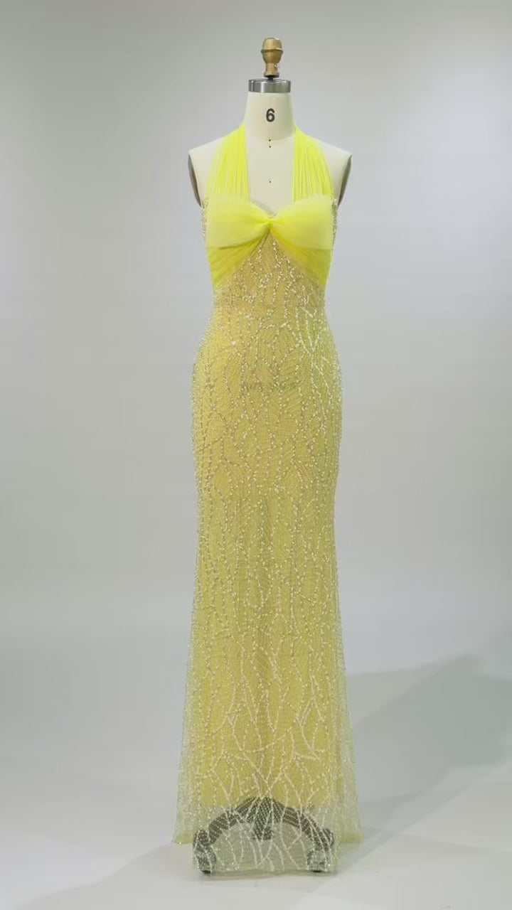 Charger la vidéo : Elegant Yellow Halter Bow Sequin Gown - Mermaid Maxi Formal Evening Dress ST001