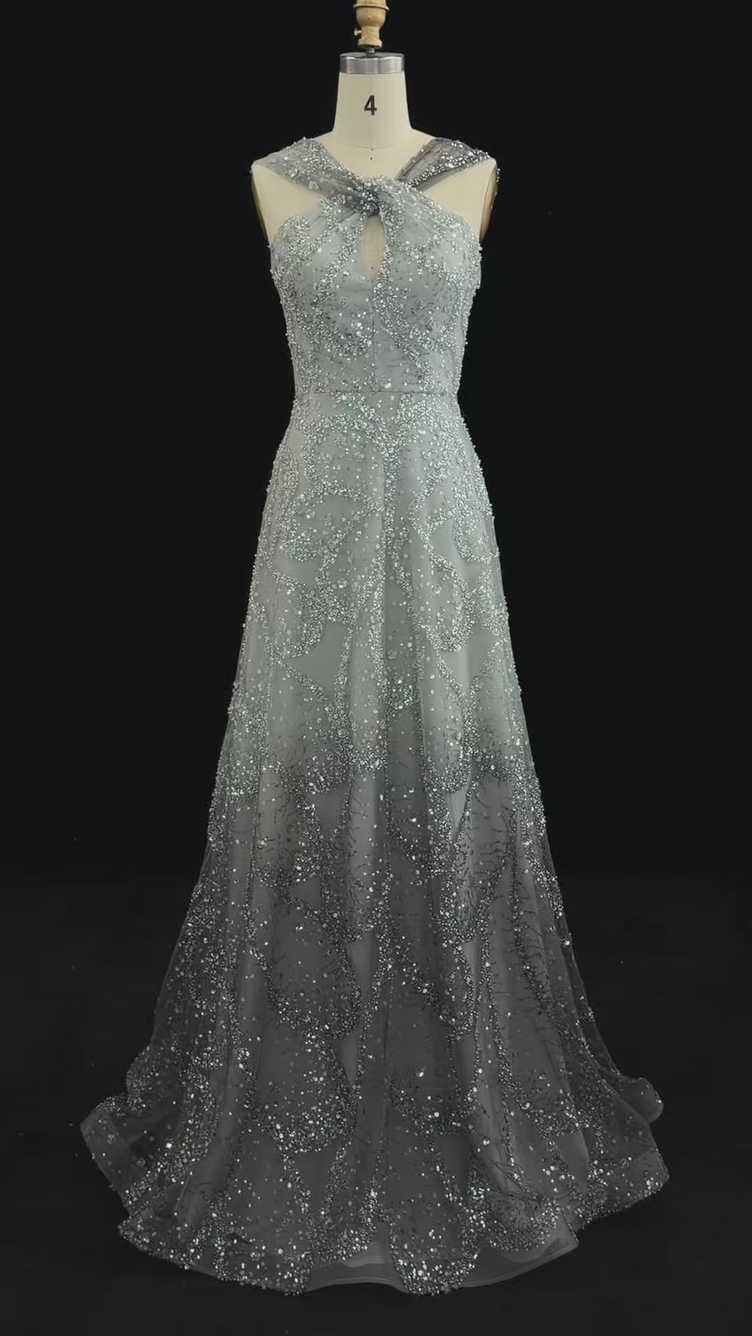 Load video: Blush Pink Halter Neck Beaded Floral A-Line Evening Dress Gown SS709