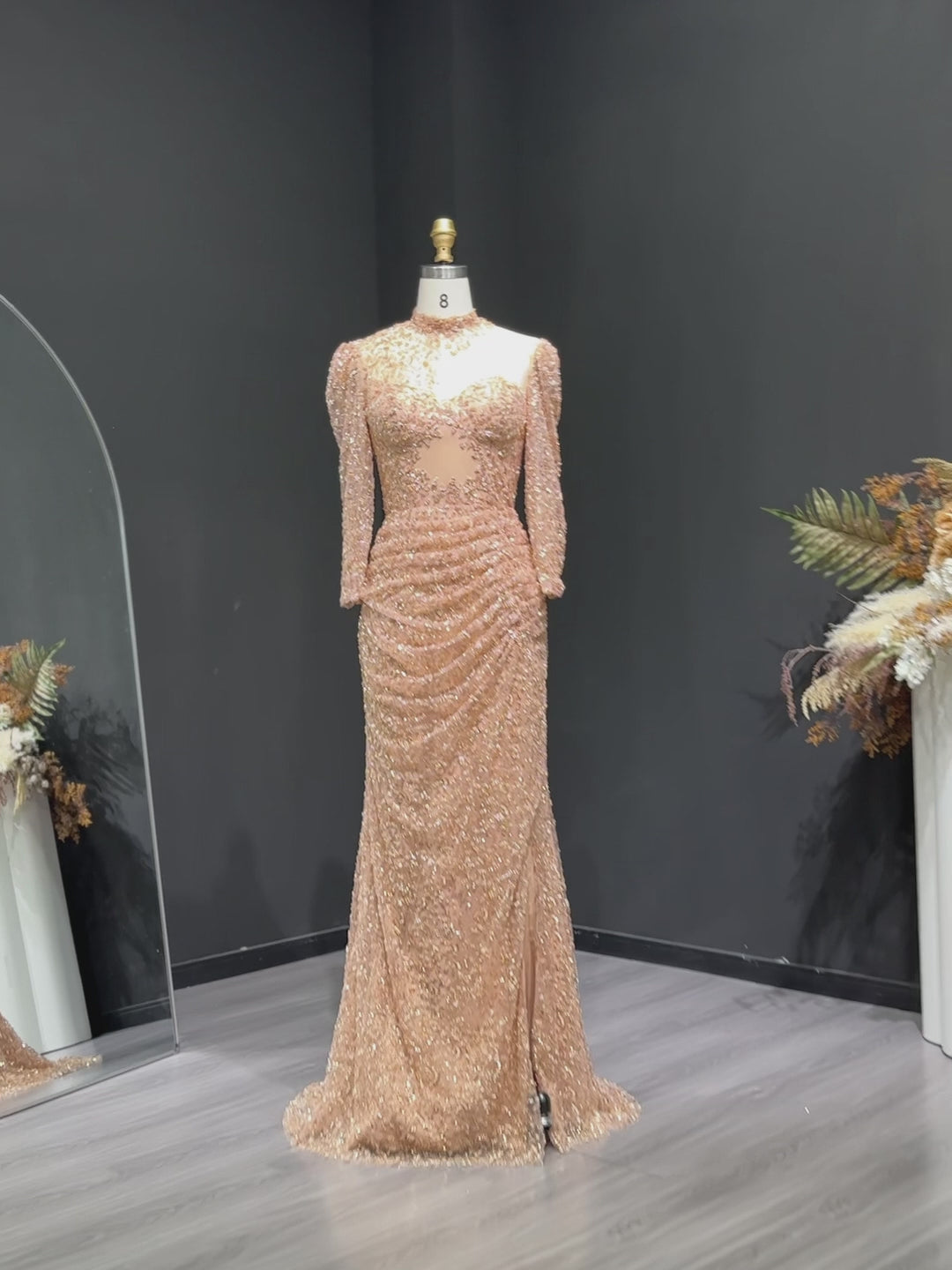 Load video: Glamorous Champagne All-Over Beaded Prom Dress with Illusion Neckline SH538