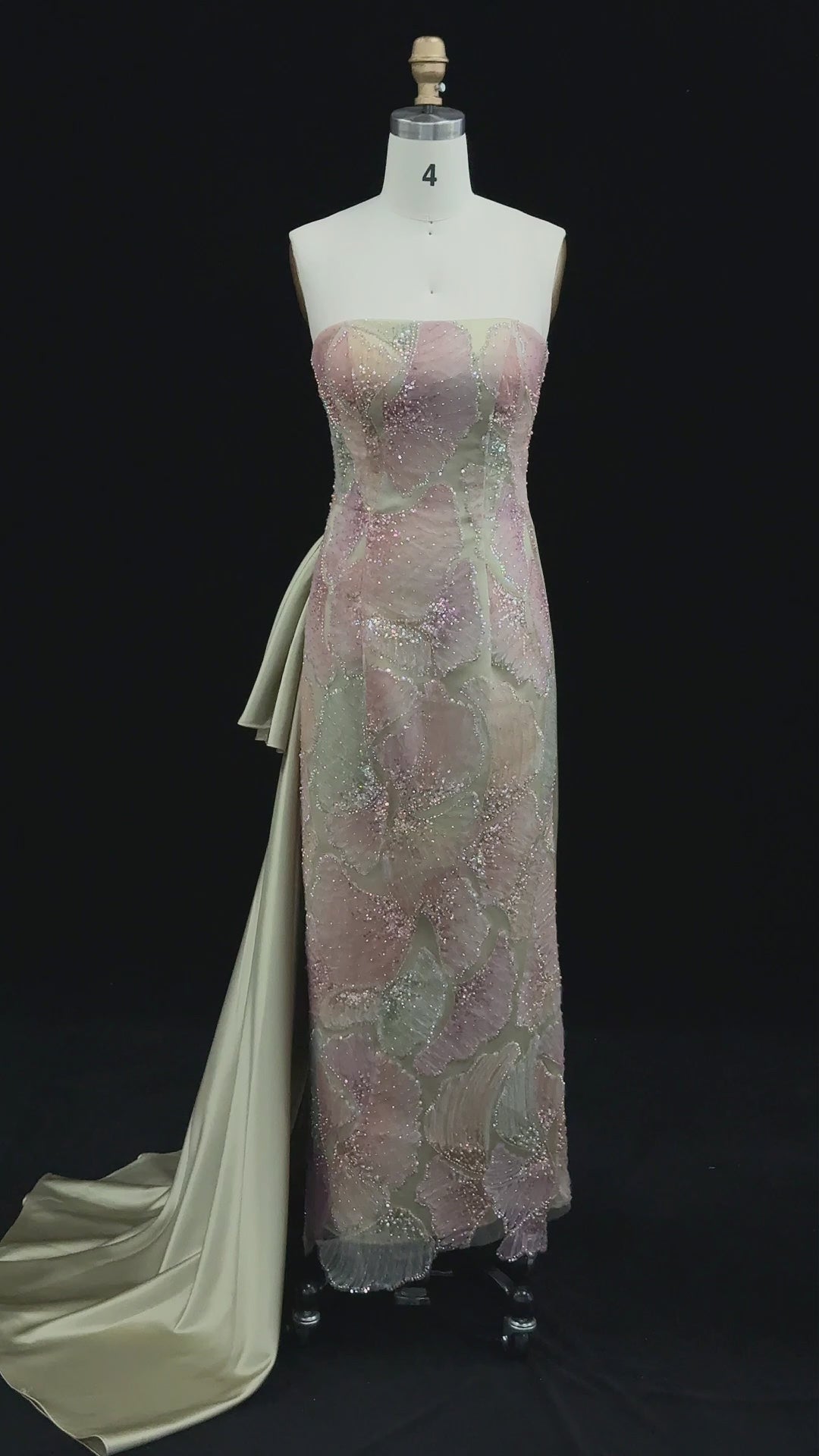 Carica video: Sage Green Strapless Sequin Evening Dress with Oversized Satin Bow Train SS664