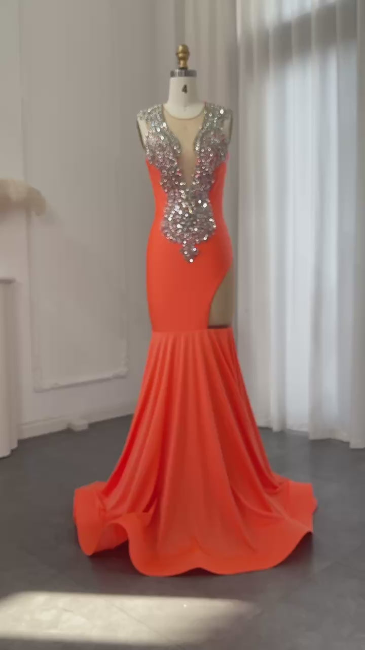 Load video: Orange Crystal Mermaid Black Girls Prom Dresses for Graduation Party