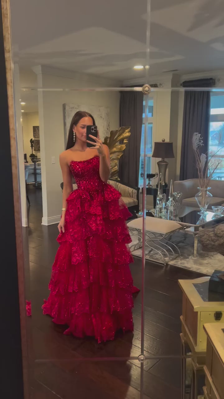 Load video: Sparkle Sequins Sage Green Prom Dresses with Slit Wine Red for Women Wedding Birthday Party Gowns