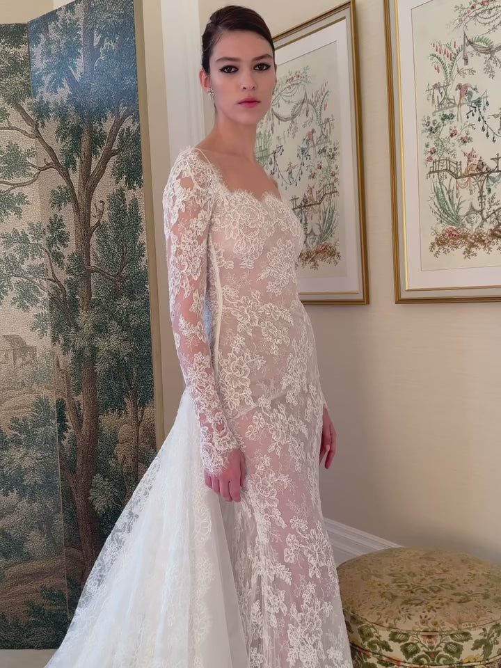 Cargar vídeo: Square Neck Lace Mermaid Wedding Dress with Detachable Train SW228