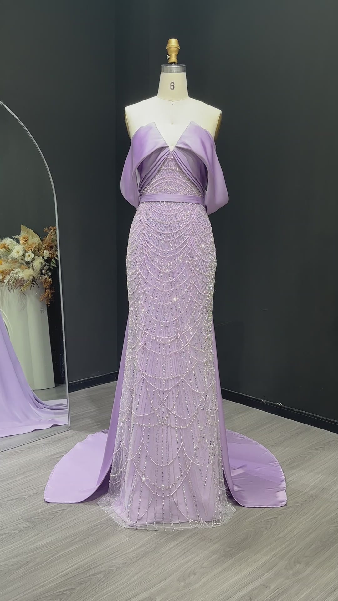 Load video: Lilac Modest Evening Dress with Satin Cape Overlay &amp; Crystal Beaded SS624
