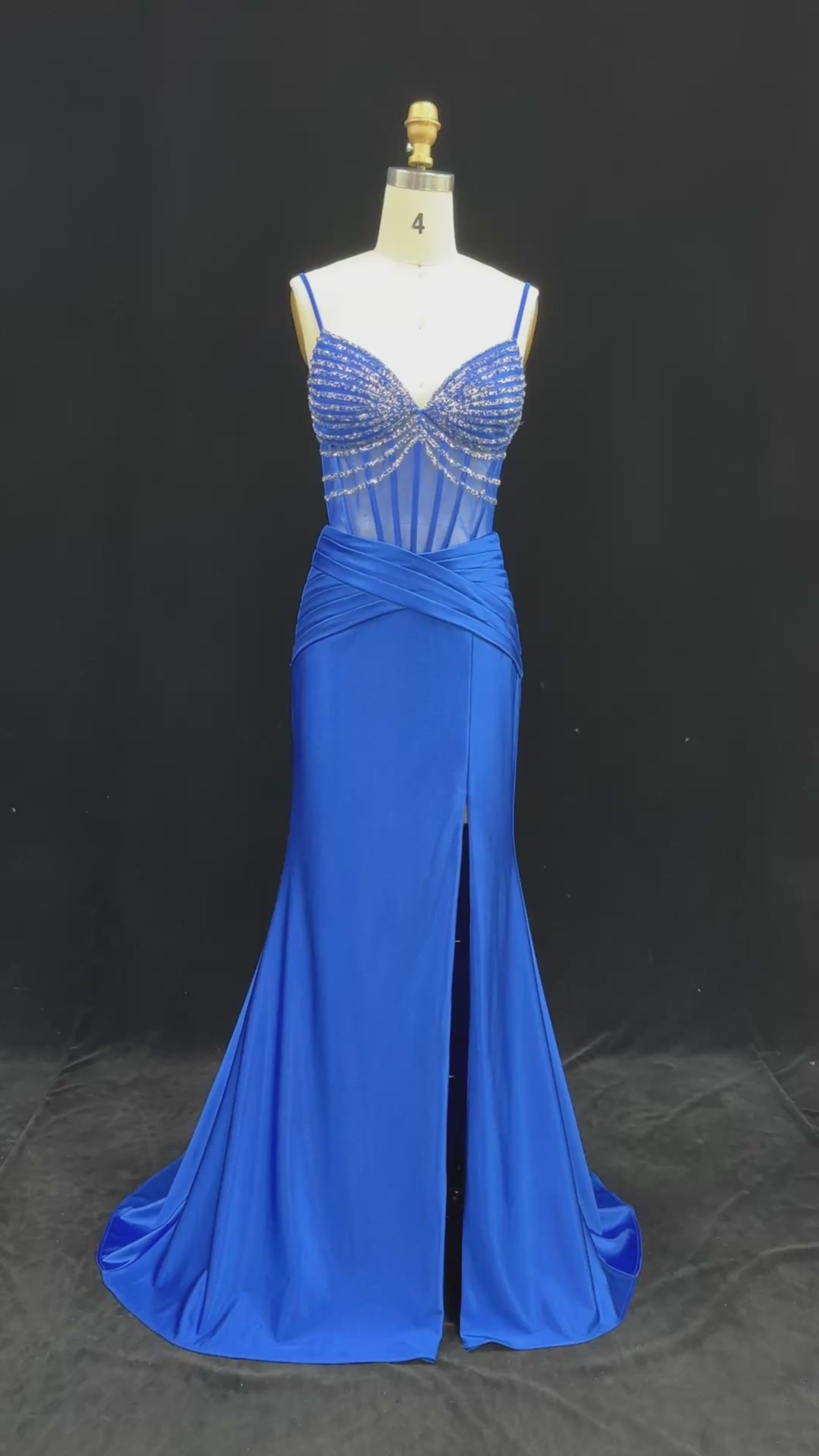 Load video: Royal Blue Satin Mermaid Evening Sheer Mesh Corset with high slit mermaid gown SH095